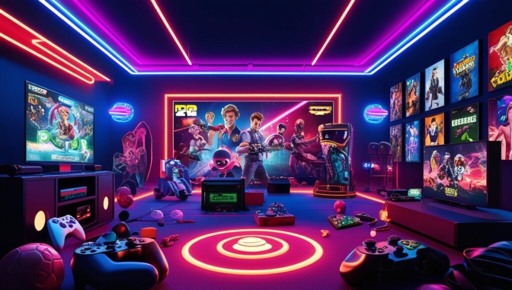 A Influência dos Videogames no Cinema: Uma sala de cinema moderna onde pôsteres de filmes baseados em videogames estão pendurados nas paredes. A tela principal exibe uma cena épica de uma adaptação de jogo, enquanto espectadores entusiastas, usando camisetas de franquias icônicas, assistem empolgados, destacando a interseção entre jogos e cinema.