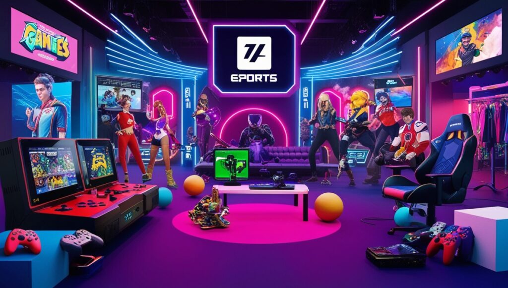 Cultura Pop e eSports: Uma arena de eSports lotada, com fãs vibrando enquanto assistem a uma grande competição de videogames. O palco está iluminado com luzes neon, e jogadores profissionais estão concentrados em seus PCs, com grandes telas ao fundo mostrando a ação do jogo. A cena transmite o impacto global dos eSports na cultura pop.